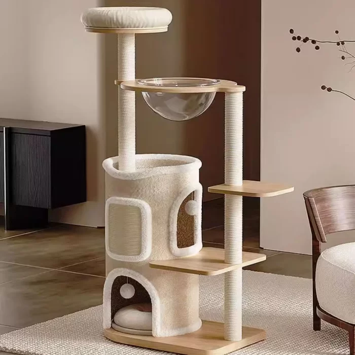 Solid Pine Wood Cat Tree with Scratching Barrel