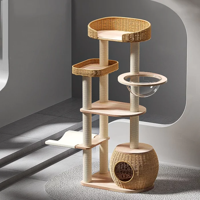 Rattan Large Cat Tree with Hammock Space Capsule