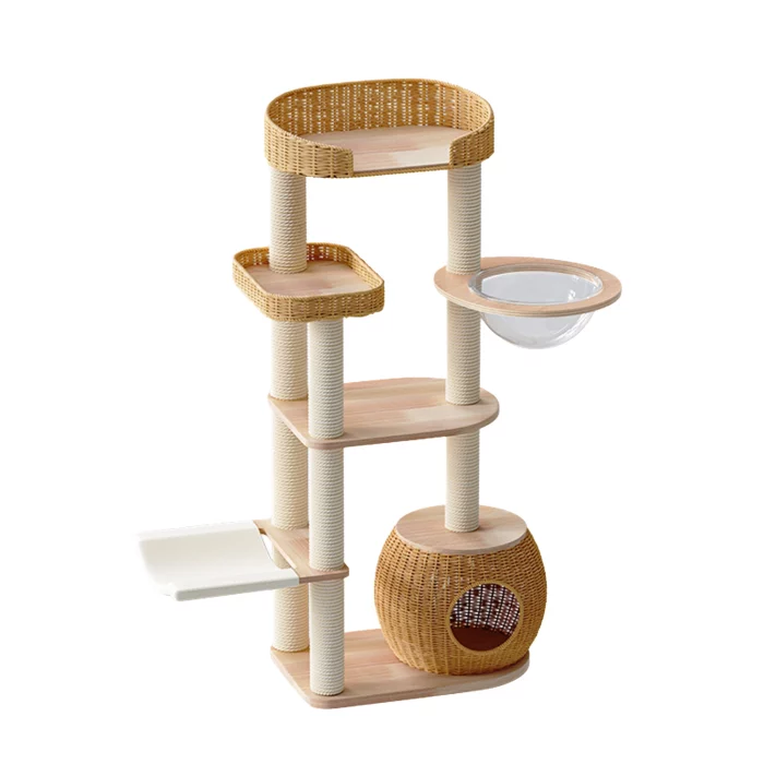 Rattan Large Cat Tree with Hammock and Space Capsule