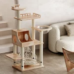 Solid Wood Cat Tower with Macrame Boho Hammock