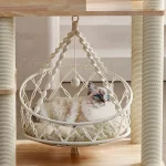 Solid Wood Cat Tower with Macrame Hammock - Comfortable hammock