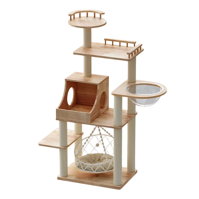 Solid Wooden Cat Tower with Macrame Hammock