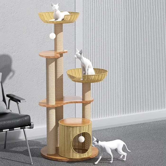 Space-saving Tall Wood Rattan Cat Tower for Multiple Cats