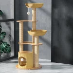 Space-saving Tall Wood Rattan Cat Tower for Multiple Cats