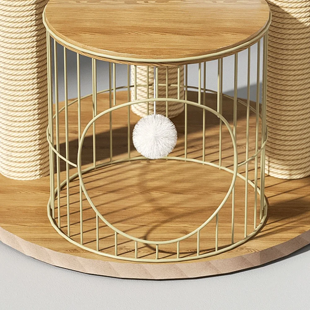 Space-saving Tall Wooden Rattan Cat Tower - Steel frame condo