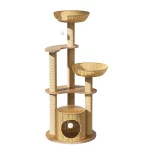 Space-saving Tall Wood Rattan Cat Tower for Multiple Cats