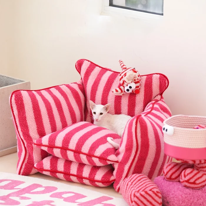 Striped Sherpa Fleece Cat Sofa Bed