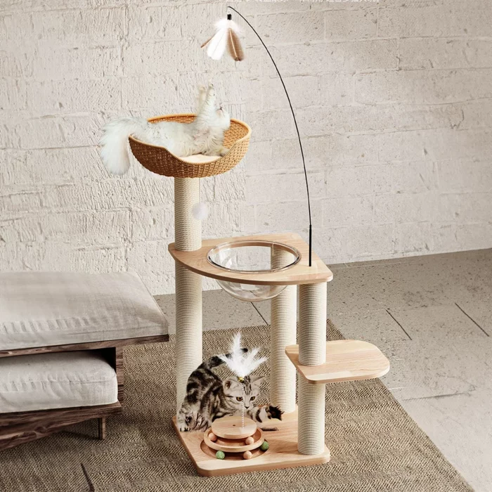 Two cats are playing with this wooden cat tower