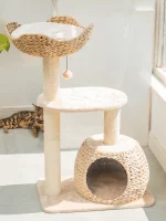 Wicker Boho-chic Cat Tree with Cattail Woven Nest