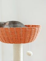 A cat is perching at this woven basket.