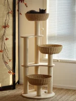 Wood Cat Tower with 3 Rattan Nests