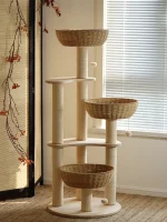 Wood Cat Tower with 3 Rattan Nests