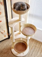 Wood Cat Tower with 3 Rattan Nests