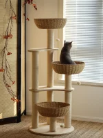 Wood Cat Tower with 3 Rattan Nests