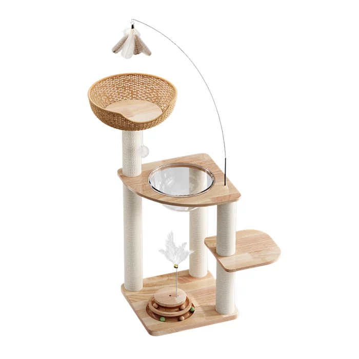 Wooden Cat Tower with Space Capsule and Wicker Paper