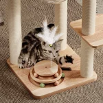 Wooden Cat Tower with Space Capsule and Wicker Paper Rope Woven Nest