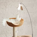 Wooden Cat Tower with Space Capsule and Wicker Paper Rope Woven Nest