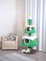 60in Carpeted Christmas Tree Cat Tree with Condos in the living room