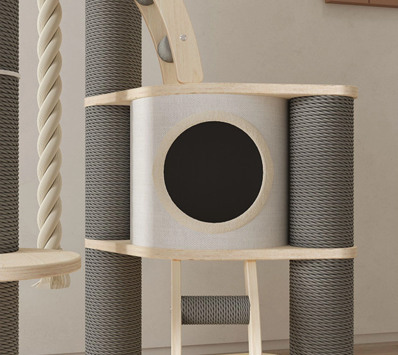 Large Wooden Cat Condo for Multi Cats - Condo and paper rope post detail