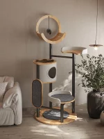 Modern Metal Cat Tower with Solid Wood Perch