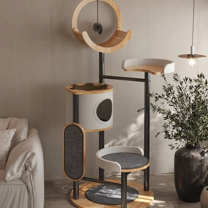 Modern Metal Cat Tower with Solid Wood Perch