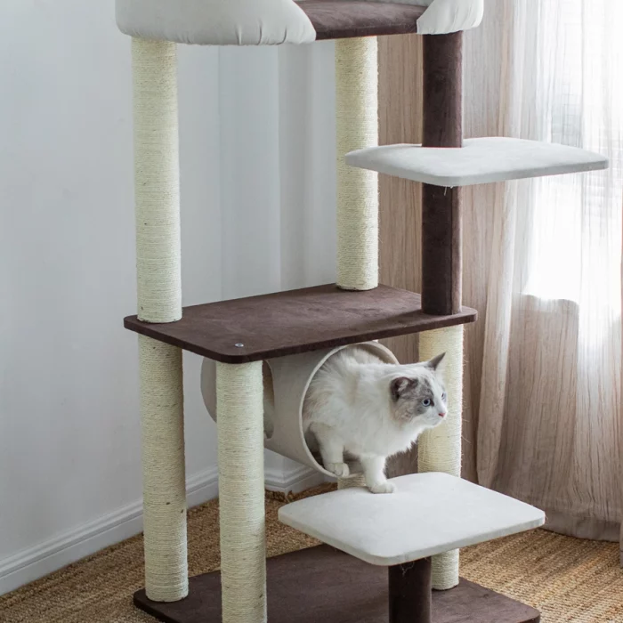 Simple Modern Cat Tower with Large Perch and Tunnel