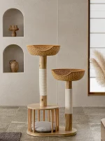 Small Wooden Cat Tree with Wicker Nest