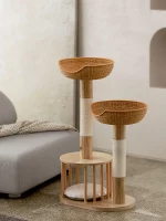 Small Wooden Cat Tree with Wicker Nest