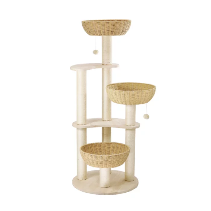 Solid Wood Cat Tower with 3 Rattan Nests