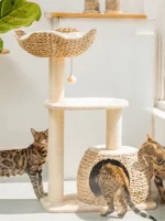 Wicker Boho-chic Cat Tree with Cattail Woven Nest