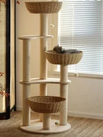 Wood Cat Tower with 3 Rattan Nests