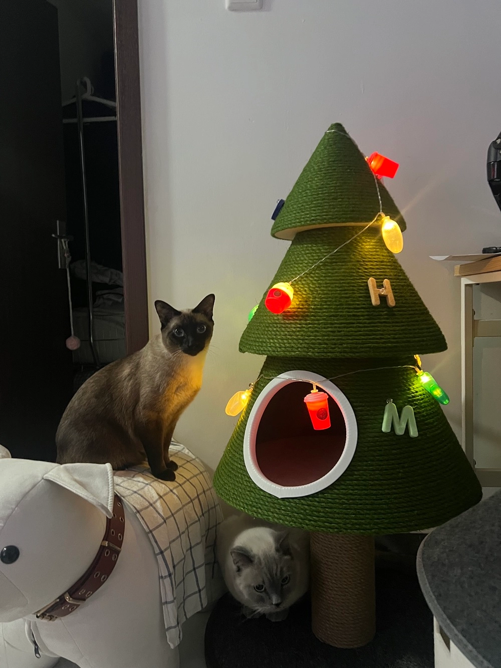 A light up Christmas cat tree