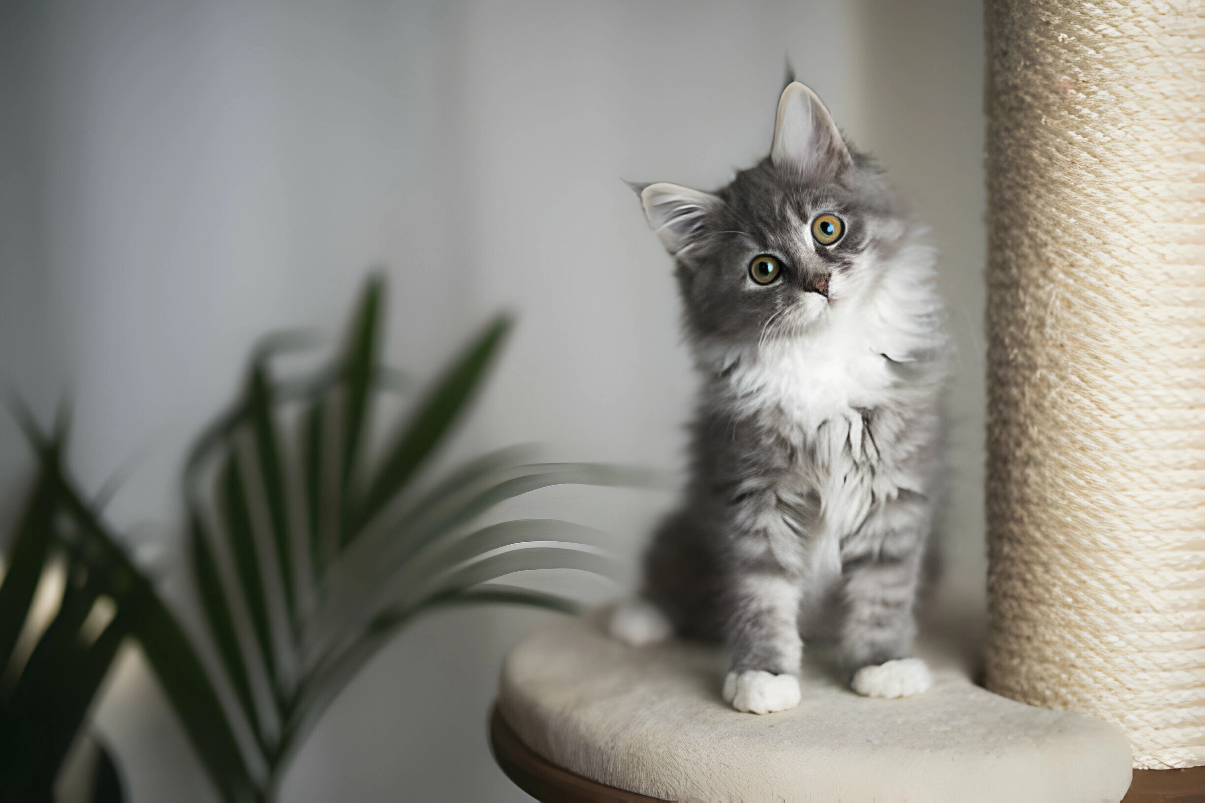 A small Maine Coon cat stands in the cat tree.