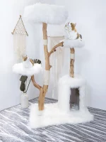 Faux Fox Fur Branch Cat Tree with 3 Perches - White