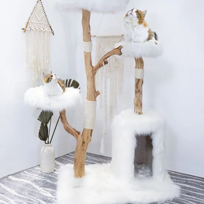 Faux Fox Fur Branch Cat Tree with 3 Perches - White