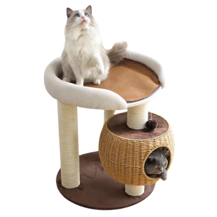 Round Cat Tower with Wicker Nest and Large Perch - S