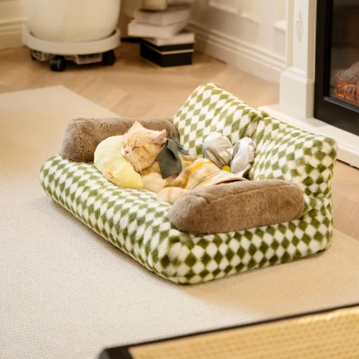 Large Green Plaid Pattern Cat Sofa Bed