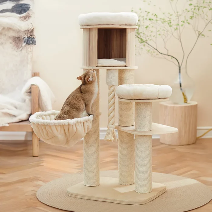 Modern Solid Wood Cat Tree with Hammock and Condo