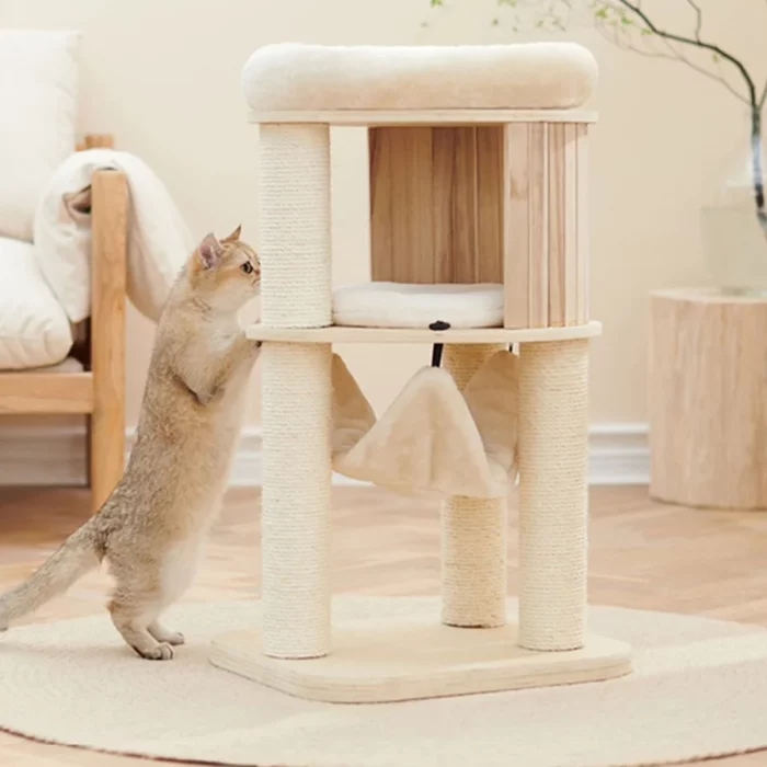 Modern Solid Wood Cat Tree with Hammock and Condo