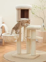 Modern Solid Wood Cat Tree with Hammock and Condo