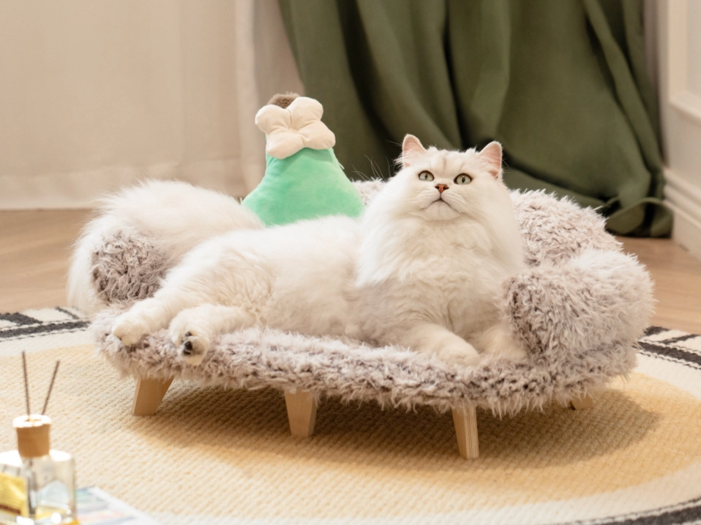 Wooden Elevated Pet Sofa Bed with Long Plush - Perfect for large cats