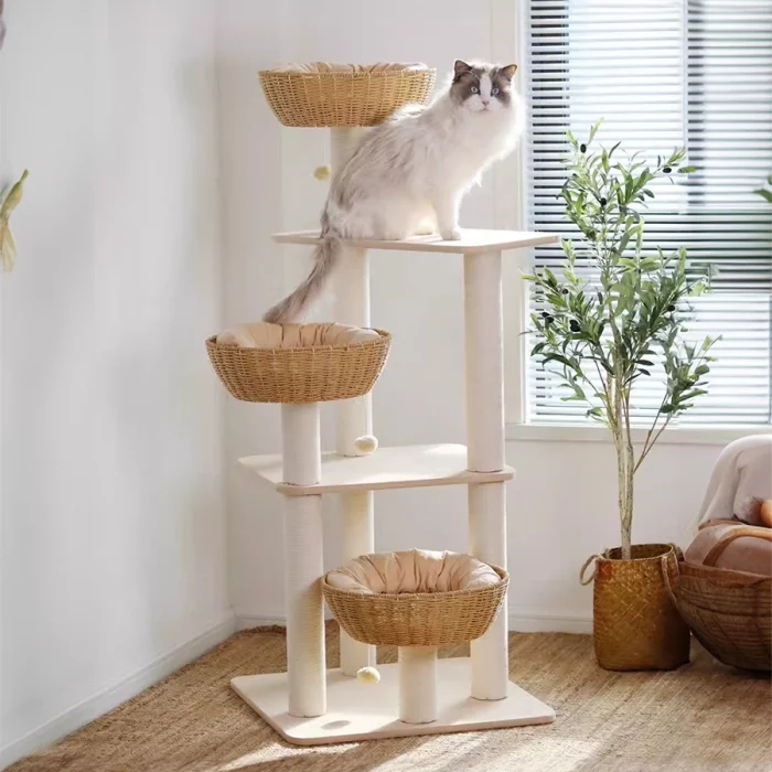 Wooden Wicker Cat Tower for Multiple Cats