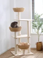 Wooden Wicker Cat Tower for Multiple Cats