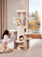 Large Solid Wood Cat Tree with Scratching Barrel