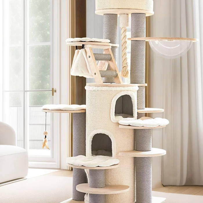 Large Solid Wood Cat Tree with Scratching Barrel