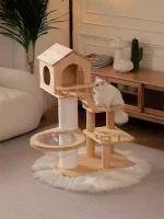 Short Cat Tree with Solid Wood House