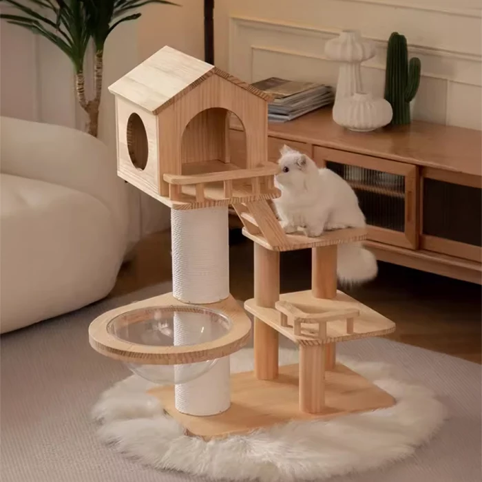 Short Cat Tree with Solid Wood House