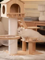 Short Cat Tree with Solid Wood House