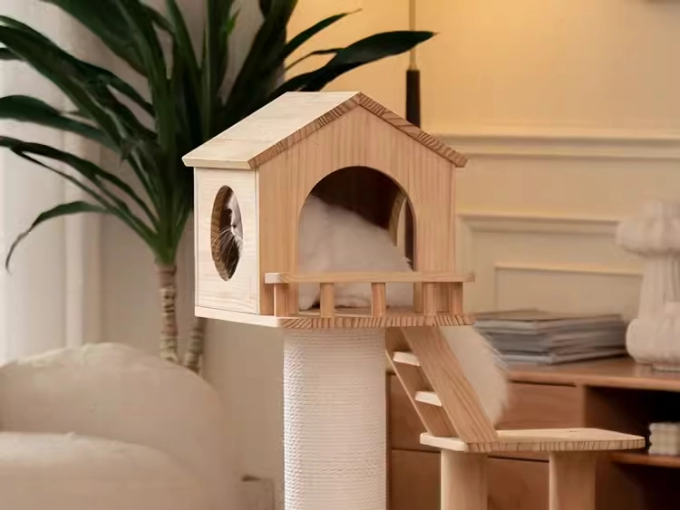 Short Cat Tree with Solid Wood House - Wooden house design